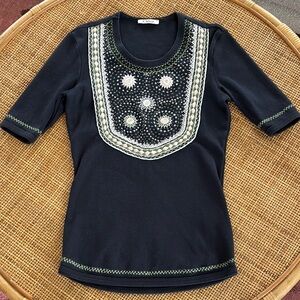 Vintage Chloe Black Embroidered Moroccan Style Mirror Top T Shirt XS